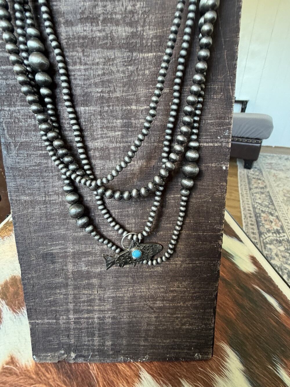 4 Strand Western Pearl Necklace Stack With Silver Trout Fish Kingman Turquoise